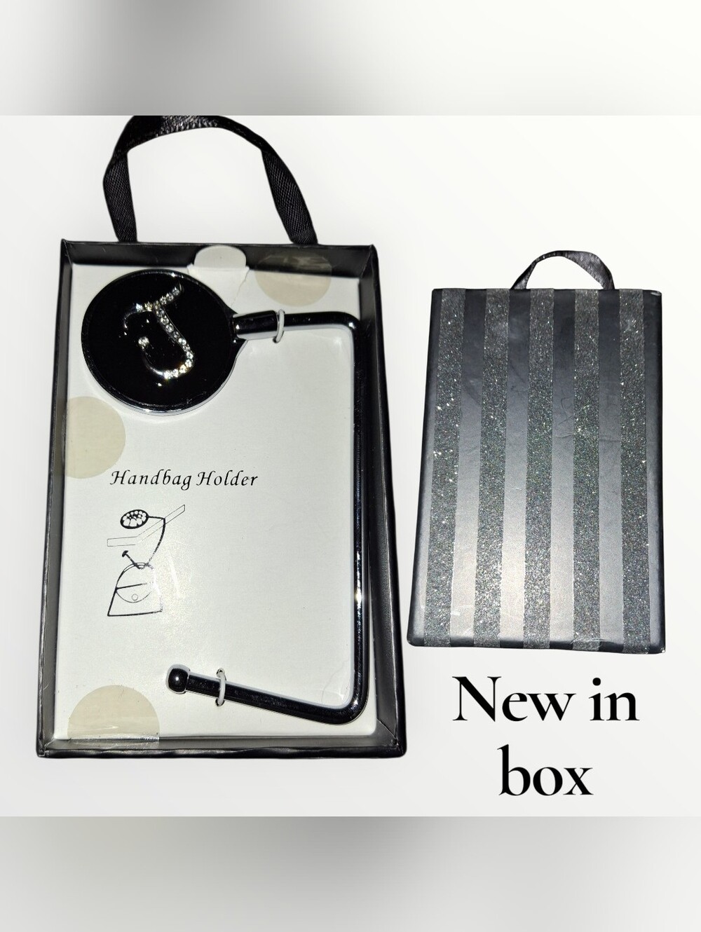 Black Handbag Holder with Jeweled Initial Accent Initial J
